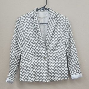 Women's White and Gray Patterned Single-Button Blazer
